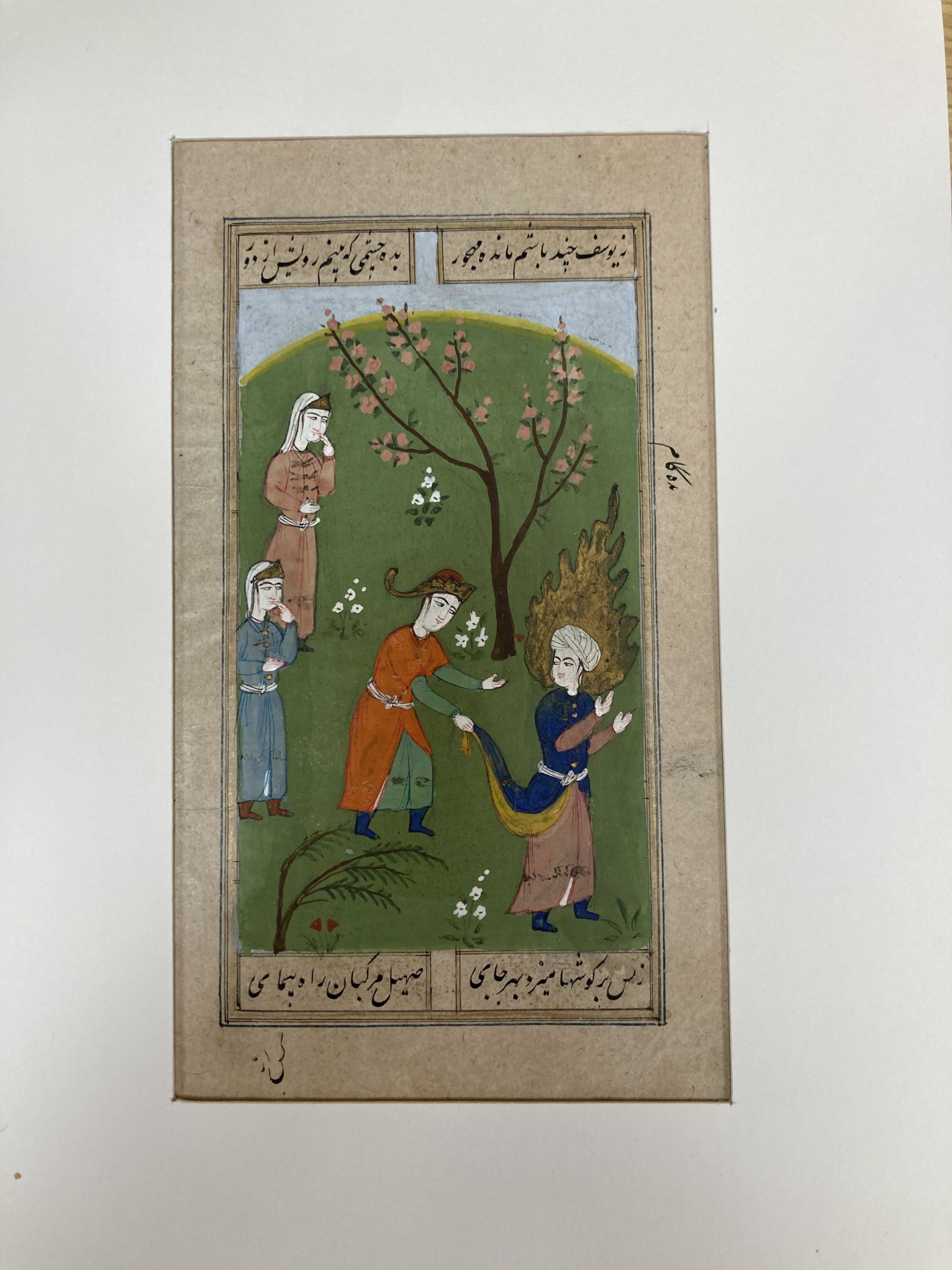 Indo-Persian School, 5 gouache on paper, book illustrations with calligraphic inscriptions verso, largest 20 x 11cm approx., unframed